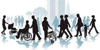 Schattenhafte Darstellung von Menschen vor einer stilisierten Großstadt. Im Vordergrund sieht man einen Mann im Rollstuhl und eine Frau am Rollator.