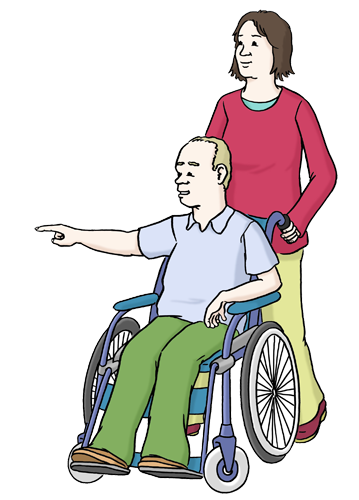 Grafik: Ein Mann im Rollstuhl bekommt Hilfe