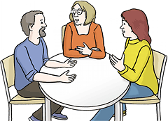 Grafik: Drei Menschen sitzen am Tisch bei einem Beratungs-Gespräch.