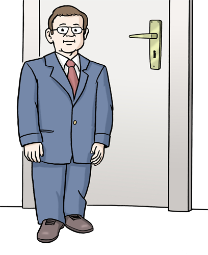Grafik: Ein klein-wüchsiger Mann im Anzug steht vor seinem Büro