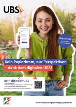 Junge Frau mit Smartphone und QR-Code zum digitalen UBS