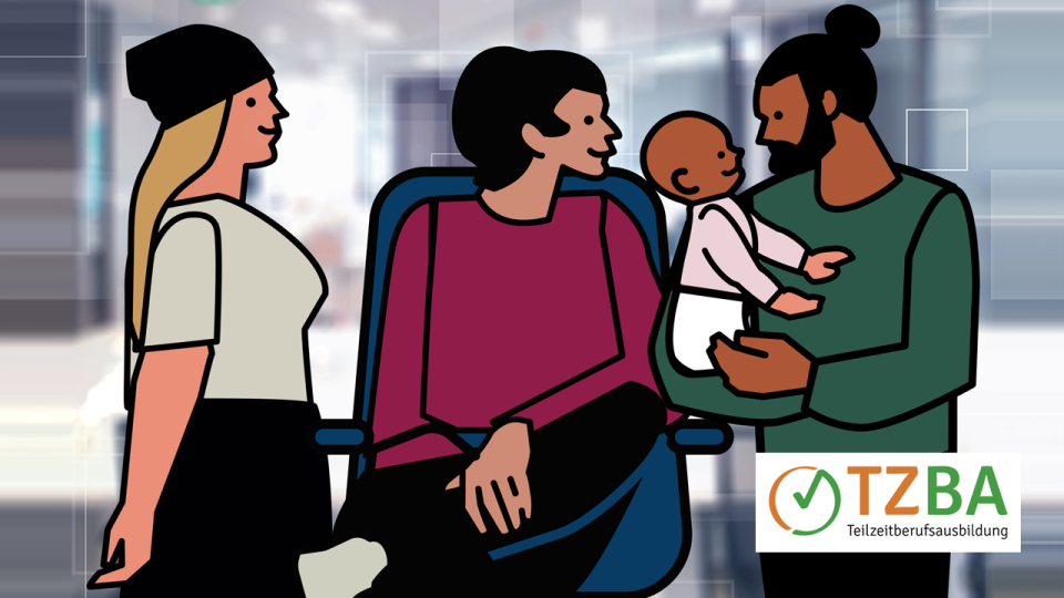Grafik zeigt zwei Frauen und einen Mann mit einem Baby auf dem Arm