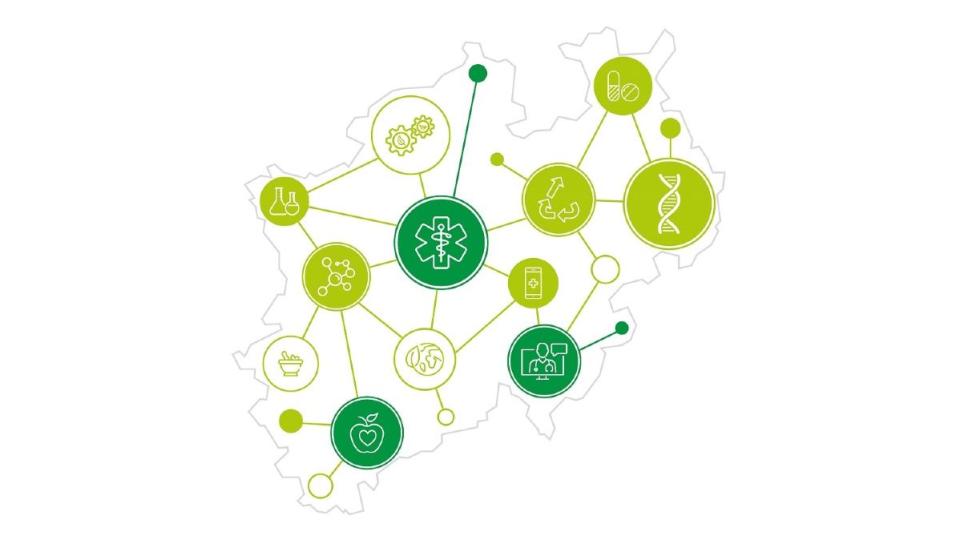 Mehrere grüne Kreise mit Gesundheitssymbolen vor einer Karte von Nordrhein-Westfalen. Die Kreise sind miteinander verbunden.