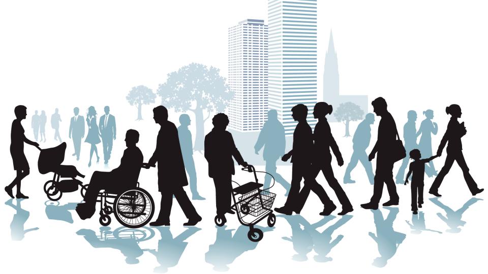 Schattenhafte Darstellung von Menschen vor einer stilisierten Großstadt. Im Vordergrund sieht man einen Mann im Rollstuhl und eine Frau am Rollator.