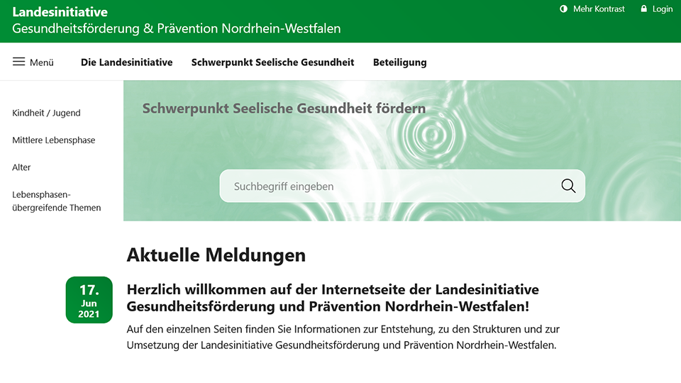 Screenshot der Internetseite zur Landesinitiative Gesundheitsförderung und Prävention in Nordrhein-Westfalen